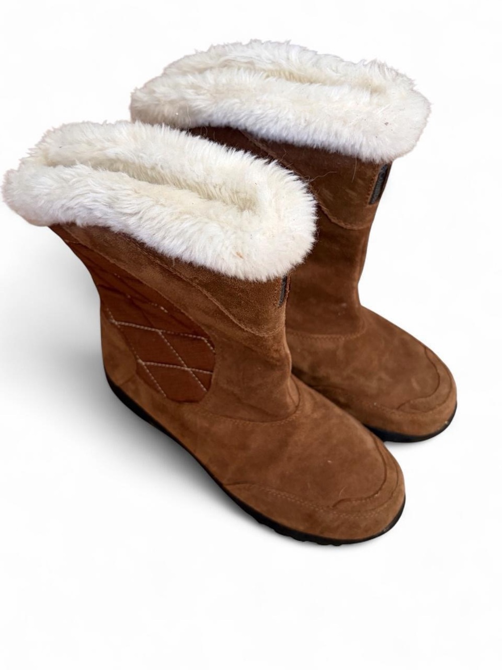 Columbia brown suede boots with white faux fur trim Sz 8
